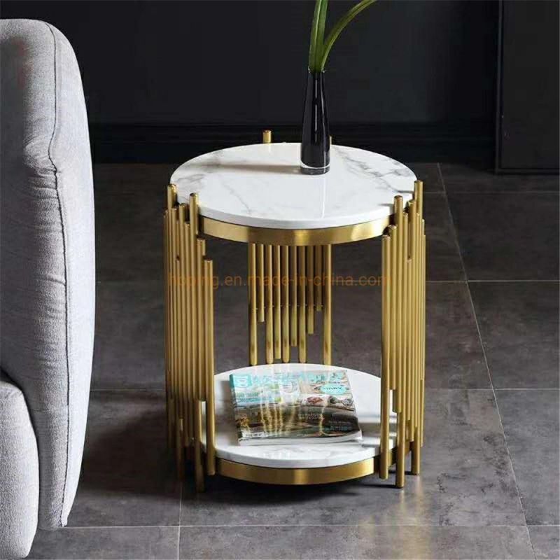 Modern Living Room Furniture Round Bronze Wire Coffee Table with Marble Top