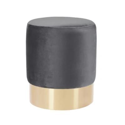 Living Room Furniture Golden Stainless Steel Base Round Grey Velvet Modern Stool Pouf Ottoman