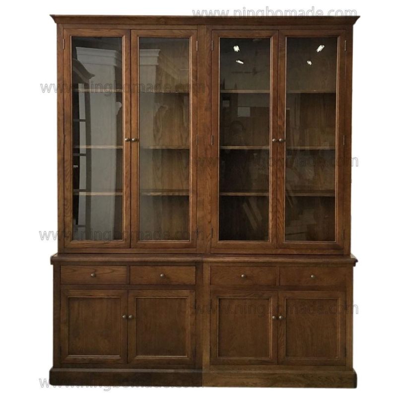 French Classic Provincial Vintage Furniture Coffee Brown Oak Two Glass Doors Hutch and Base Cabinet