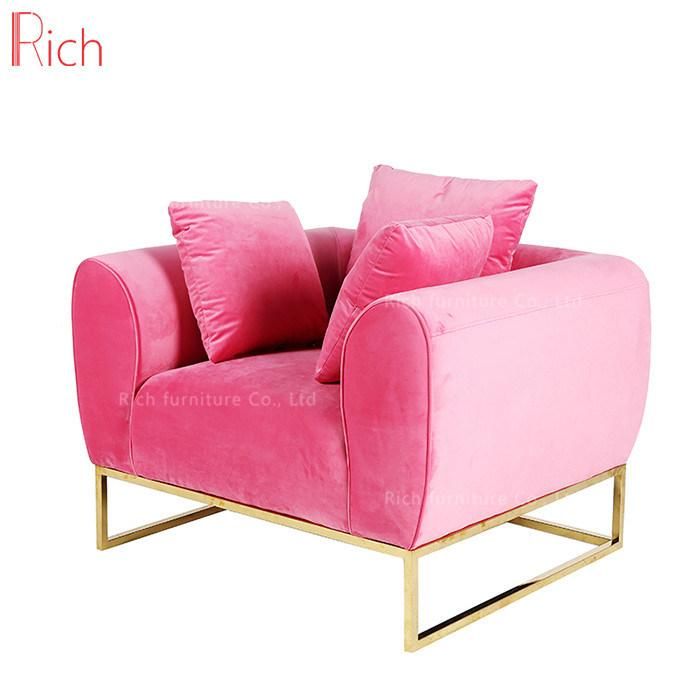 European Modern Home Furniture Living Room Fabric Velvet Sofa Set Leisure Couch Hotel Office Event Salon Armchair Sugar Pink Golden Base 1+2+3seat