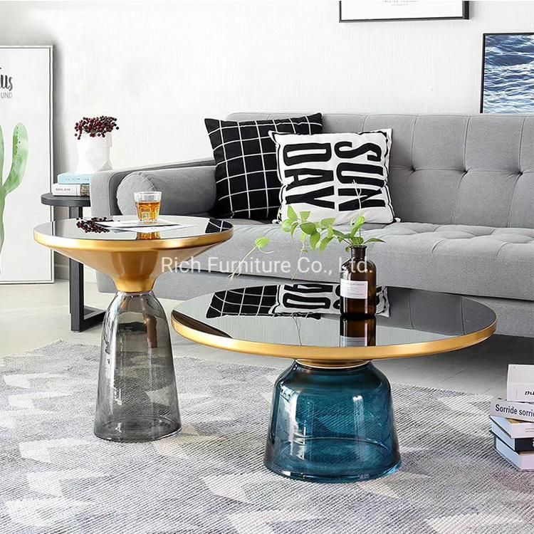 Latest Design Living Room Furniture Tempered Glass Base Art Coffee Table Transparent Glass Golden Steel Frame Side Table