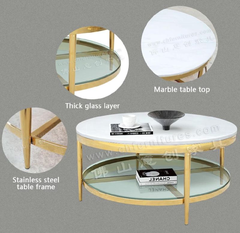 Light Luxury Nordic Marble Round Double-Layer Living Room Stainless Steel Coffee Table