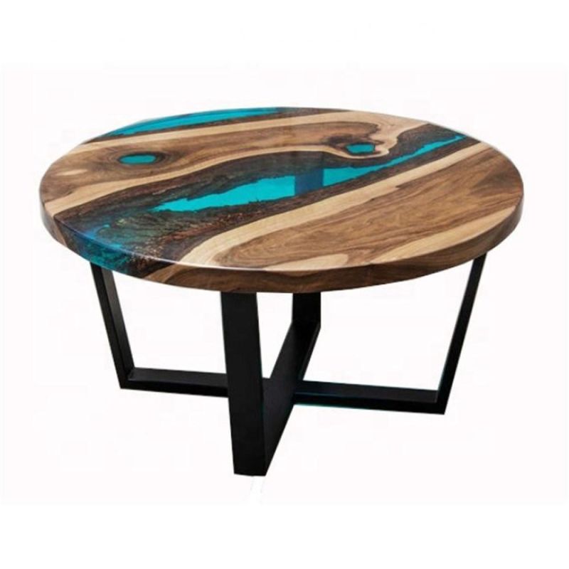 Industrial Blue Epoxy Resin Coffee Table Round Live Edge Table