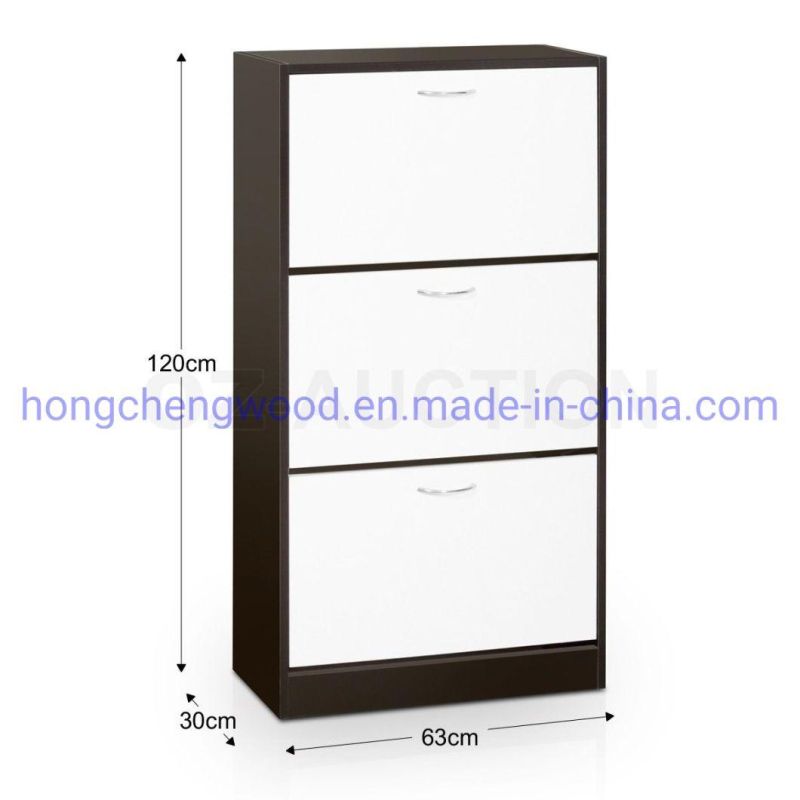 Walnut Color/Black/White Color Three Doors Shoe Cabinet