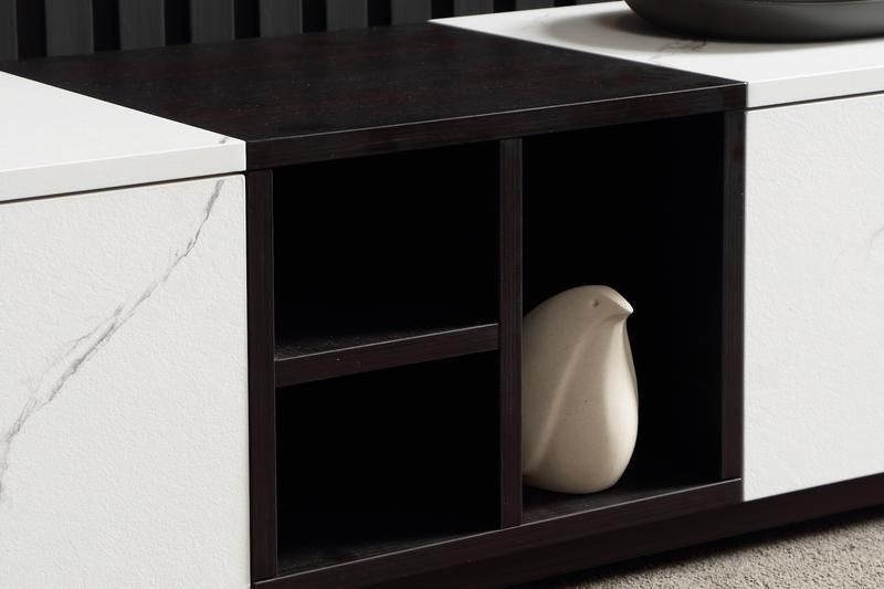 Modern White and Black Marble Pattern Melamine Board and Solid Wood TV Table