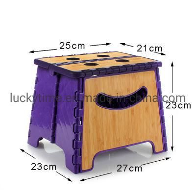 Bamboo-Paneled Smiling Face Plastic Folding Stool