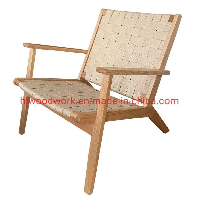 Saddle Chair Fabric Strip Woven with Arm, Ash Wood Frame Natural Color with Woven Fabric Strip Outdoor Furniture