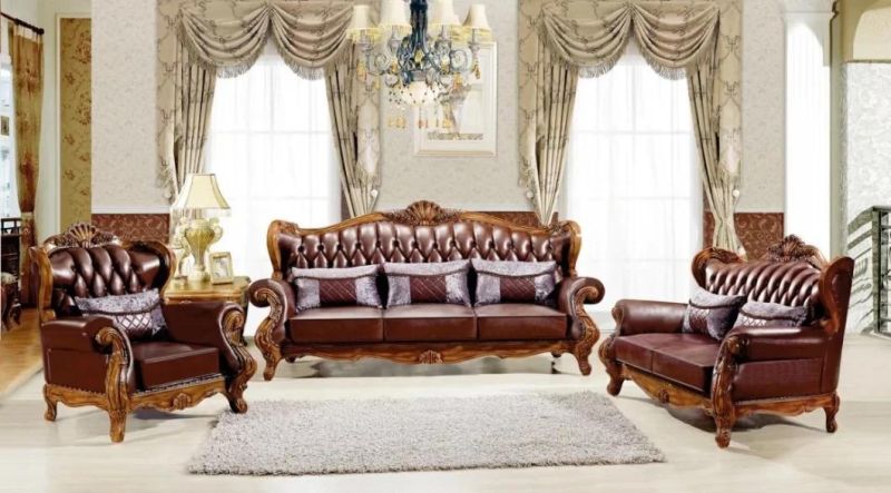 Wood Carved Living Room Leather Sofa From Foshan Furniture Factory