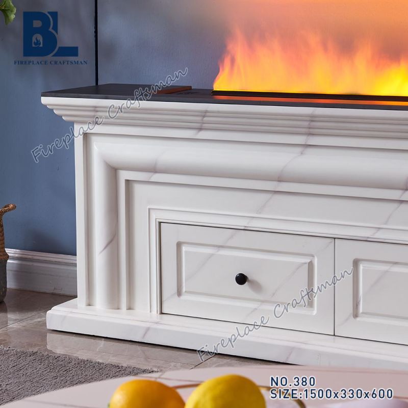 Cabinet storage White Wooden Granite Shelf TV Stand with Marble Top and Water Vapor Electric Fireplace LED Flame