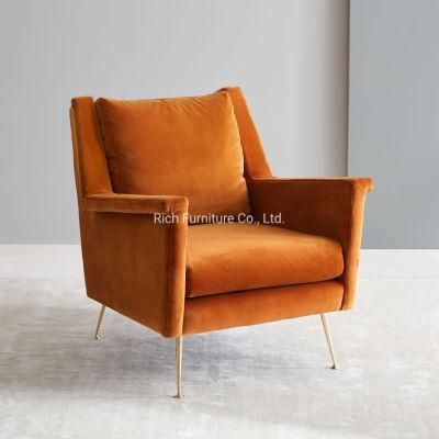 Modern Fashion Hotel Upholstered Fabric French Nordic Orange Sofa Arm for Dining Room