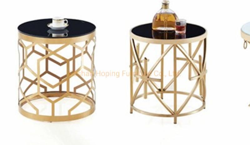 Home Furniture Brass Metal Base Column Black Glass Table Coffee Table