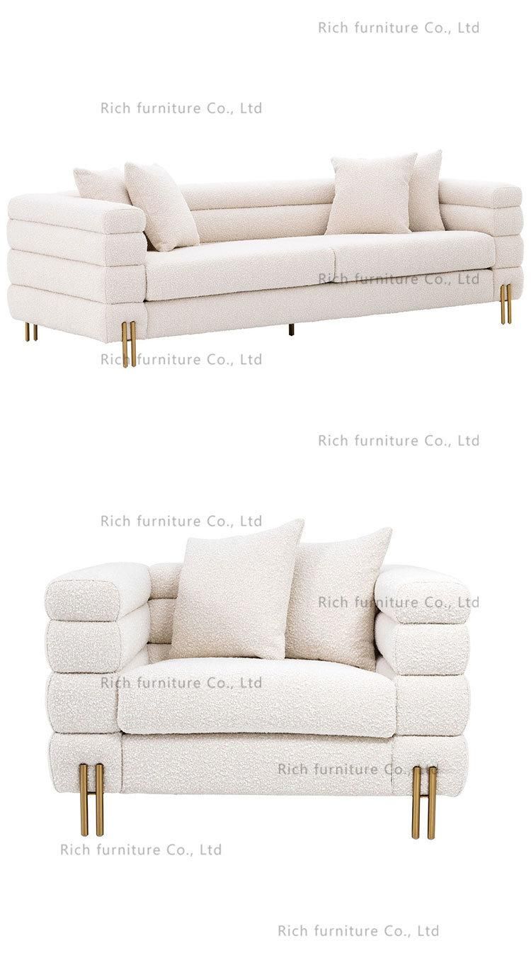 Golden Metal Legs Teddy Fabric Couch White Boucle Single Sofa