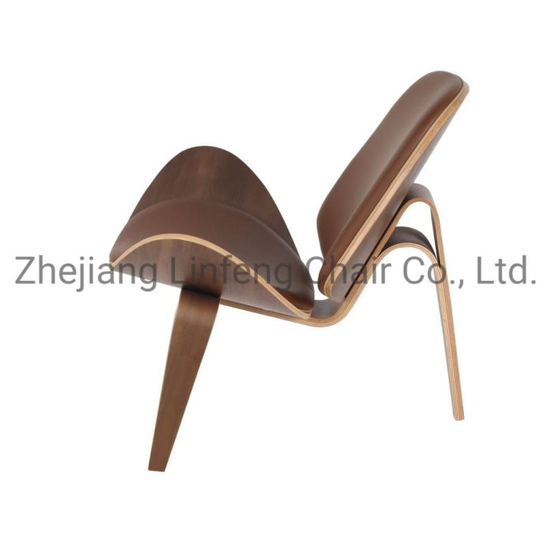 Modern Nordic Three Legs Shell Chair Natural Leather Bentwood Plywood Dining Living Room Leisure Lounge Chair