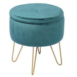 Knobby Blue Storage Ottoman Stool with Metal Legs