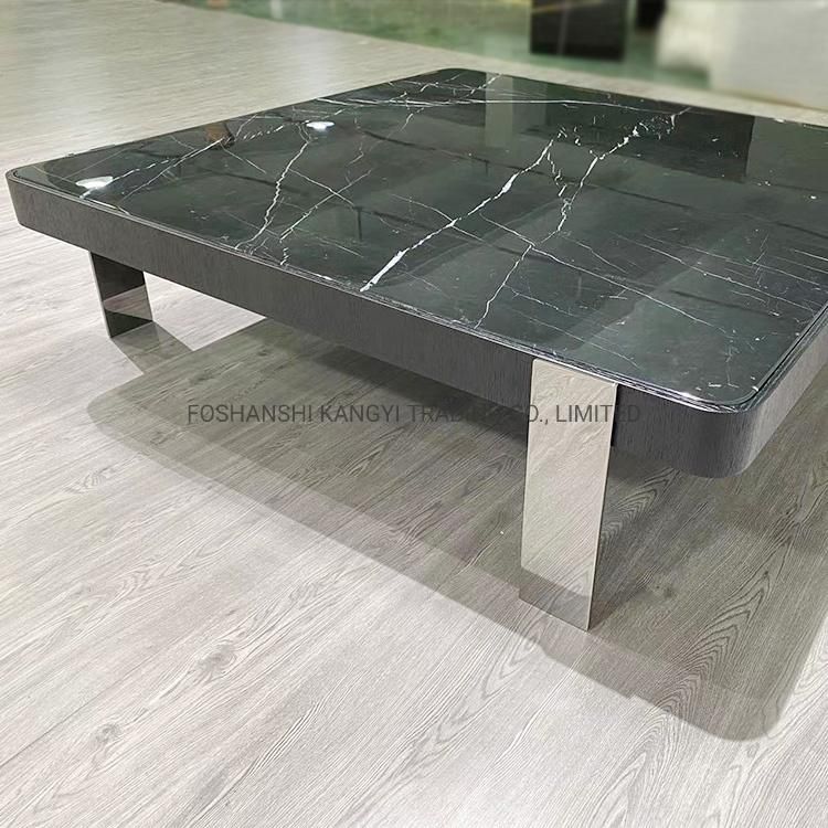 Living Room Coffee Table Modern Black Marble Centre Table with Wood Frame Stainless Steel Legs Restaurant Coffee Tables