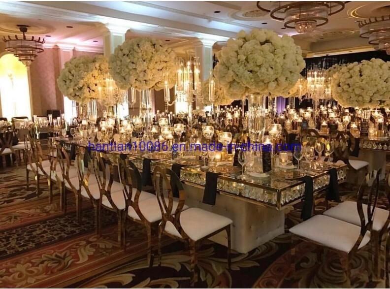 Rectangle Stainless Steel Mirror Marble Top Wedding Table with Four Living Room Chairs