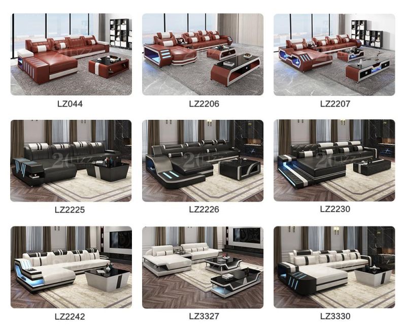 Modern Living Room L Shape Sectional Italian Genuine Leather LED Lights Sofa Set