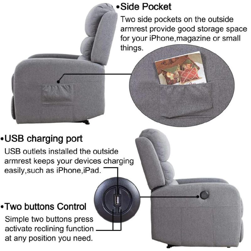 Jky Furniture Fabric Power Recliner Chair with Okkin Motor and USB Charger