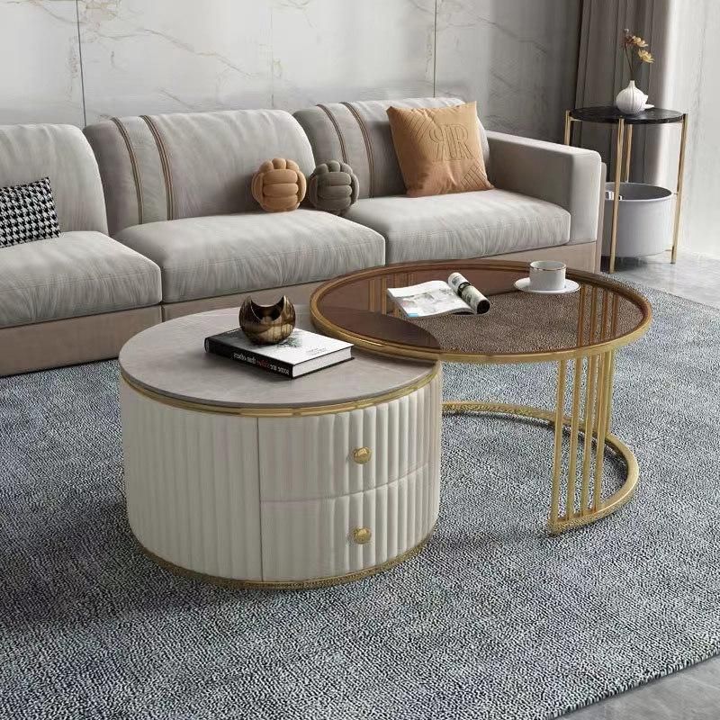 Hotel Tea Table Basse Storage Living Room Furniture Round Modern White Sintered Stone Luxury Gold Marble Glass Coffee Table