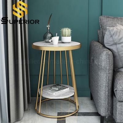 Gold Metal Two Layer Bed Side Table with Marble