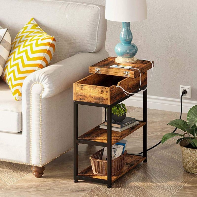 Nightstand End Table Storage Cabinet and Drawer Retro Industrial Bedside Table with Switchable Door for Home Bedroom