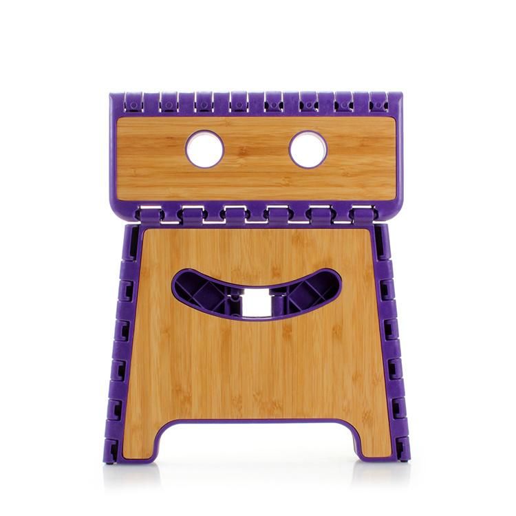 Bamboo-Paneled Smiling Face Plastic Folding Stool