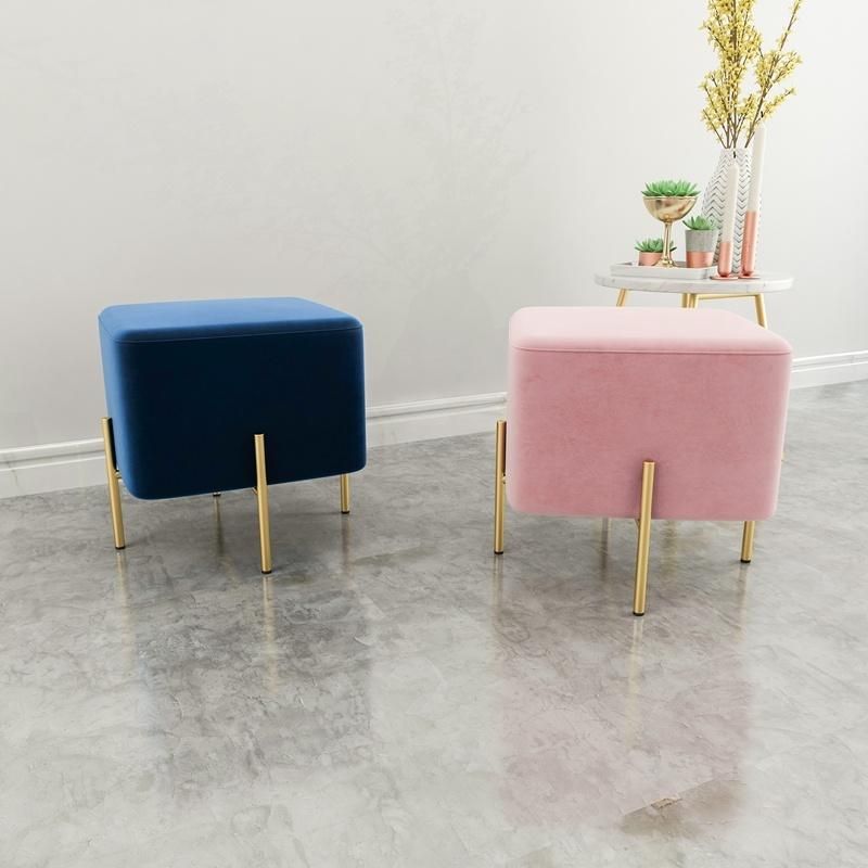 Square Leisure Style Pouf Sofa Side Stools Living Room Home Fabric Stool with Gold Metal Leg