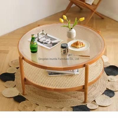 Living Room Furniture Wooden Rattan Coffee Table Combination Round Glass Top Sofa Side Table