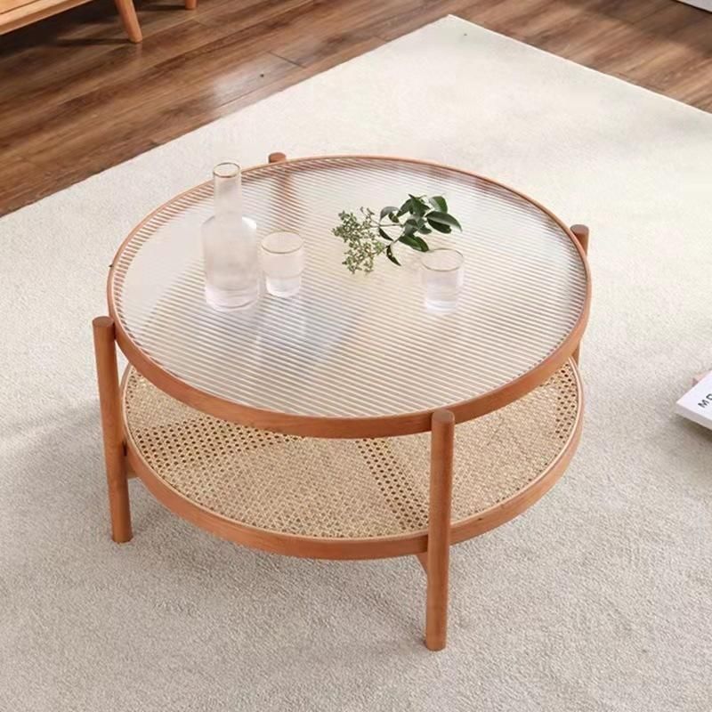 Living Room Furniture Modern Wooden Rattan Coffee Table Combination Round Glass Top Sofa Side Table