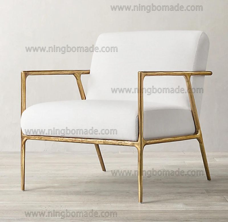 Rustic Hand Hammered Collection Furniture Forged Solid Iron Metal with Brass Color White Linen Arm Sofa