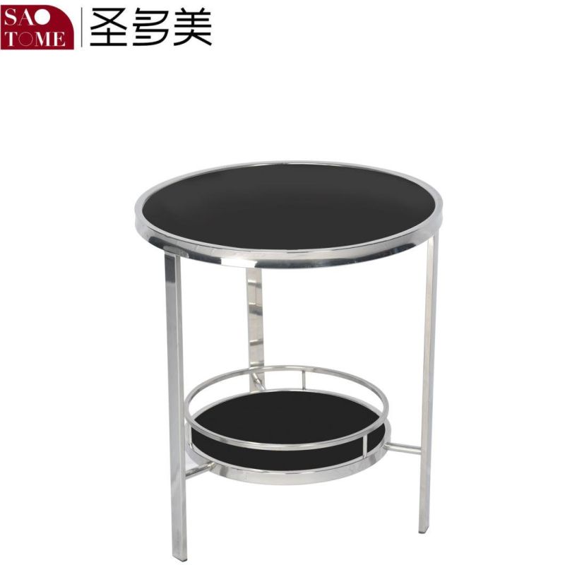 Stainless Steel Black Glass Round End Table Next to The Sofa in The Modern and Popular Living Room