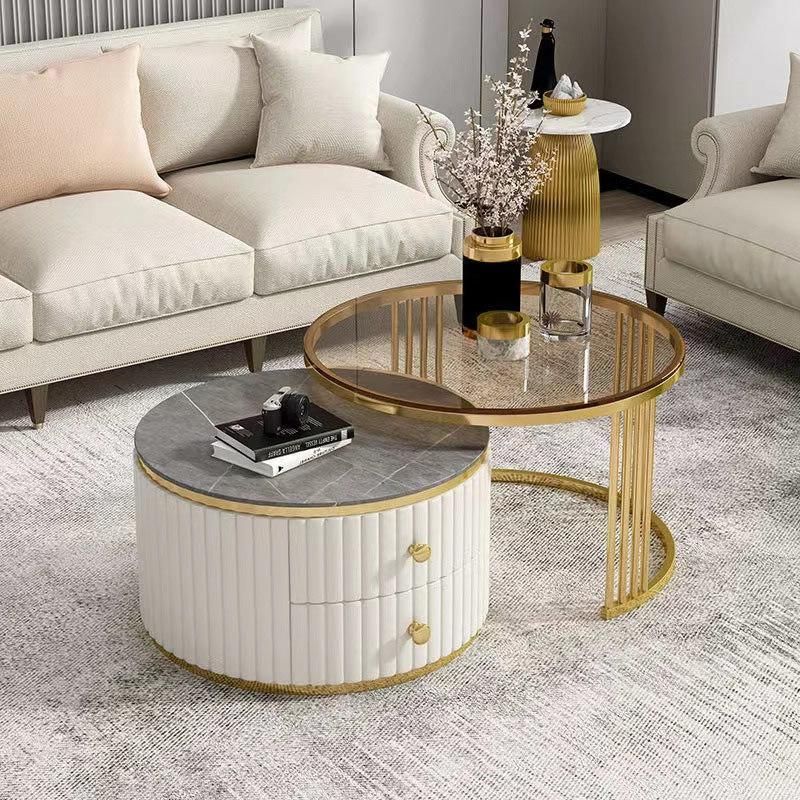 Luxury Round Coffee Table Sets Living Room Stainless Steel Furniture Marble Glass Side Table