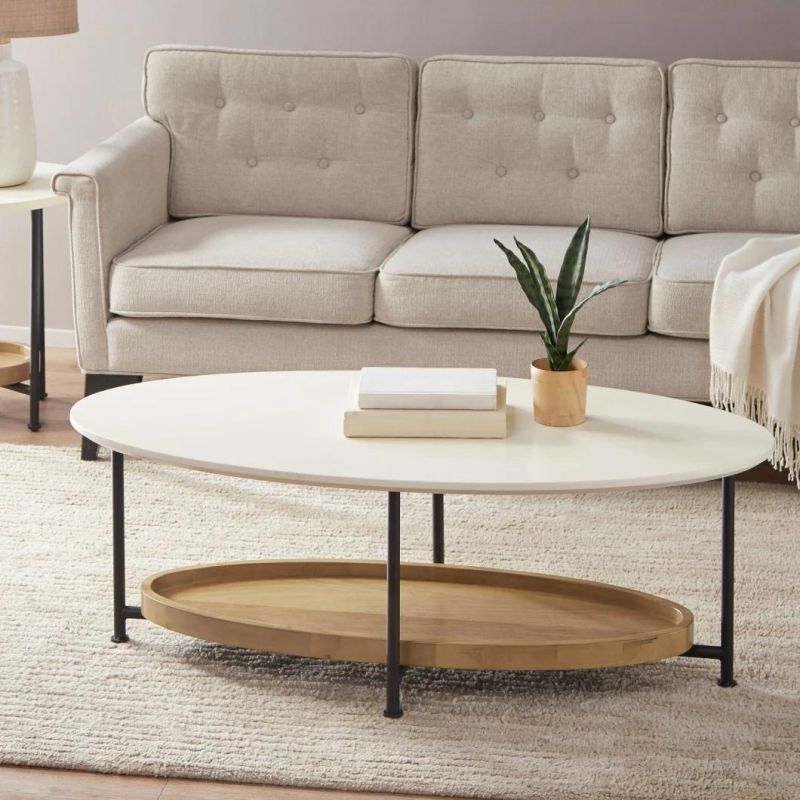 Nordic Style Living Room Furniture 2 Layer MDF Top White Oval Shape Coffee Table with Oak Shelf