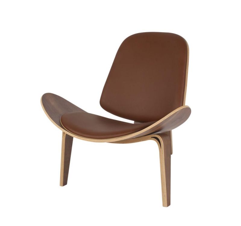 Modern Nordic Three Legs Shell Chair Natural Leather Bentwood Plywood Dining Living Room Leisure Lounge Chair