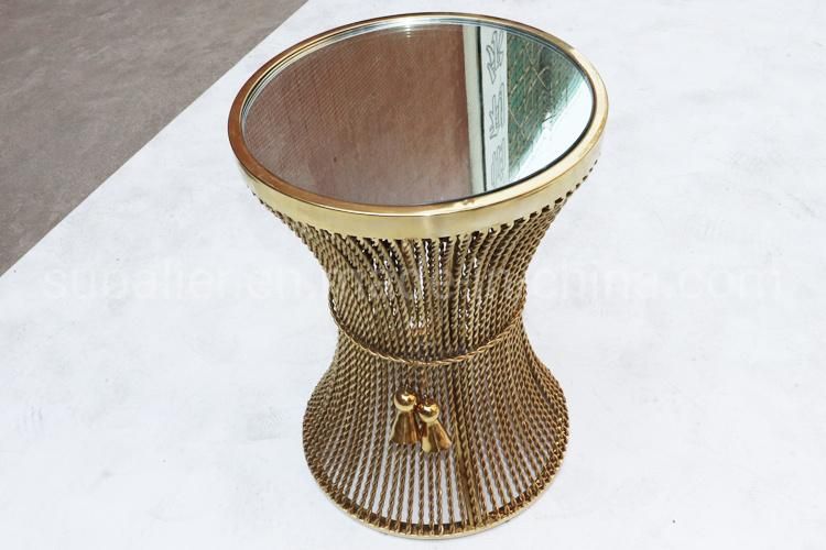 Luxury Mirrored Glass Small Side Table of Golden Metal Base