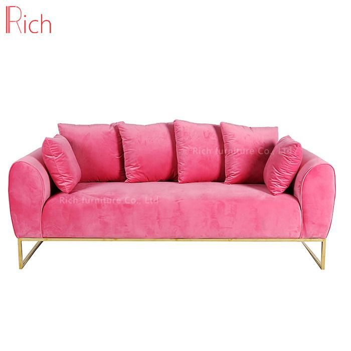 European Modern Home Furniture Living Room Fabric Velvet Sofa Set Leisure Couch Hotel Office Event Salon Armchair Sugar Pink Golden Base Three Seat 1+2+3seat