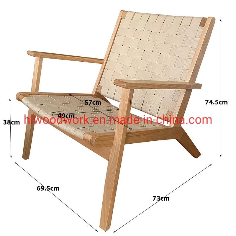 Saddle Chair Fabric Strip Woven with Arm, Outdoor Chair Armchair Living Room Sofa Outdoor Sofa Brown Ashwood Frame with Fabric Strip