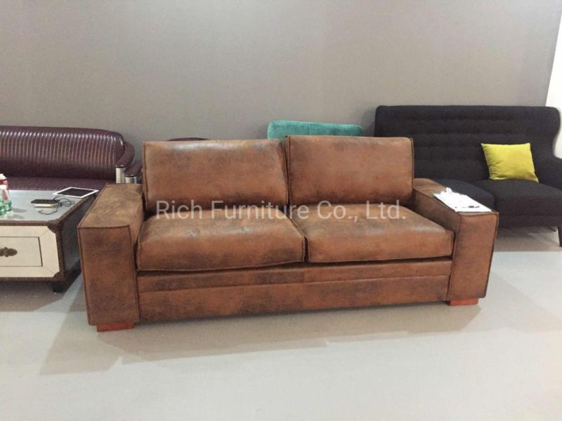 Vintage Retro Industrial Brown Couch Furniture Leather PU Cover Sofa with Wood Legs