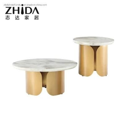 High-End Villa Use Stainless Steel Coffee Table Gold Marble Top Sofa Center Table Side Table Foshan Furniture Manufacturer