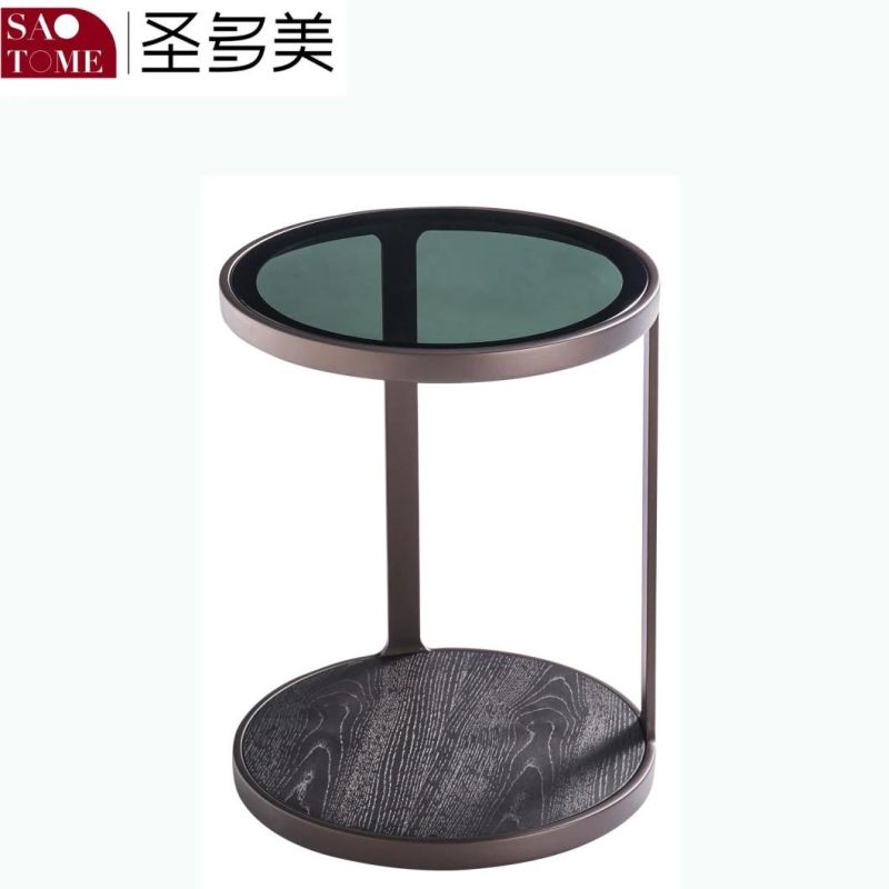 Small Round Table with Gray Glass Surface on Wooden Base