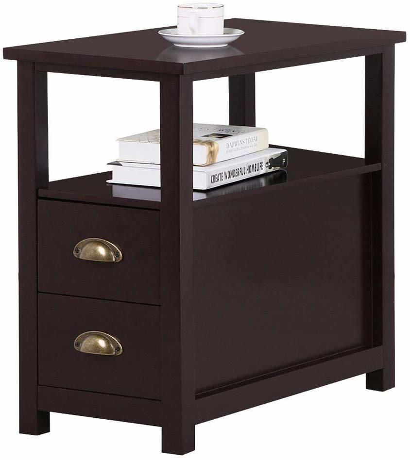 Narrow Chairside Coffee Tables with 2 Drawer and Shelf