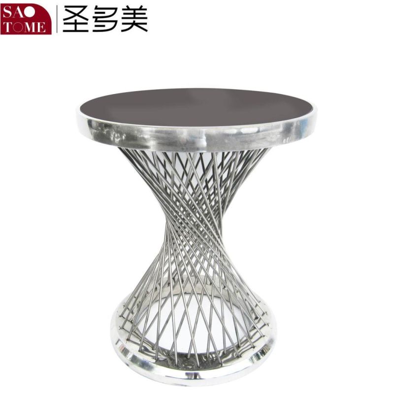 Stainless Steel Black Glass Round End Table Next to Sofa in Living Room