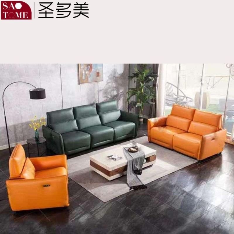 Modern Minimalist Smart Home Cowhide Eucalyptus Wood Frame Three-Seat Functional Sofa