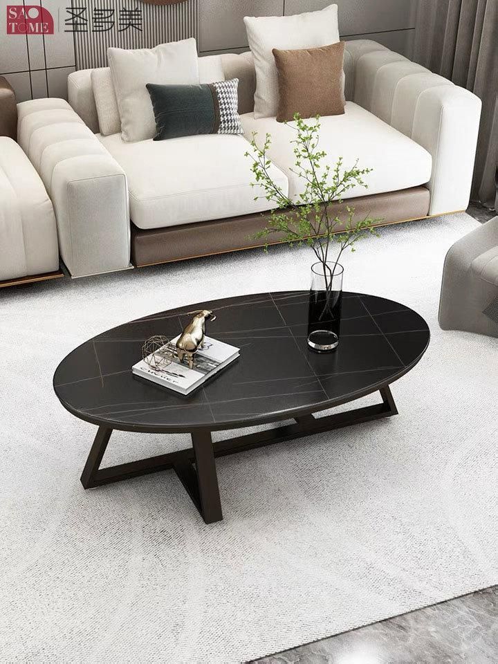 Oval Coffee Table with Nature Marble Top and Steel Feet