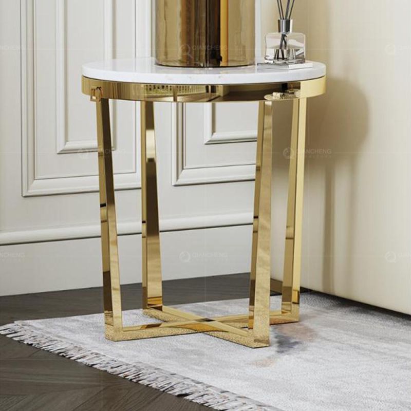 White Marble Top Gold Stainless Steel Modern Sidetable