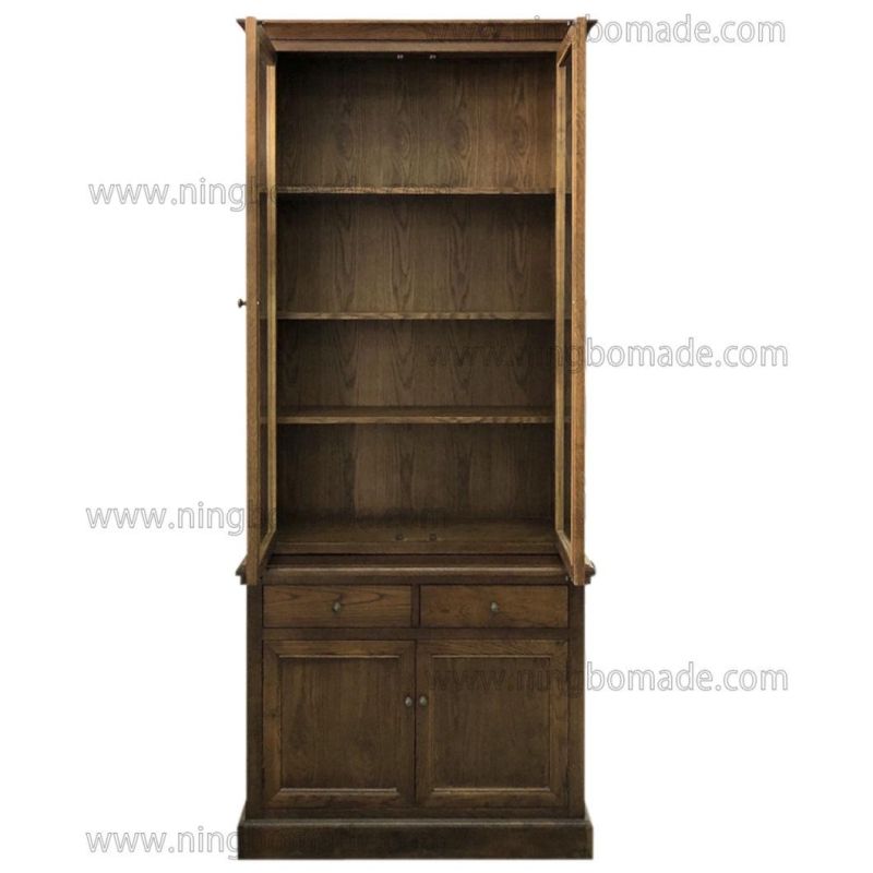 French Classic Provincial Vintage Furniture Coffee Brown Oak Two Glass Doors Hutch and Base Cabinet