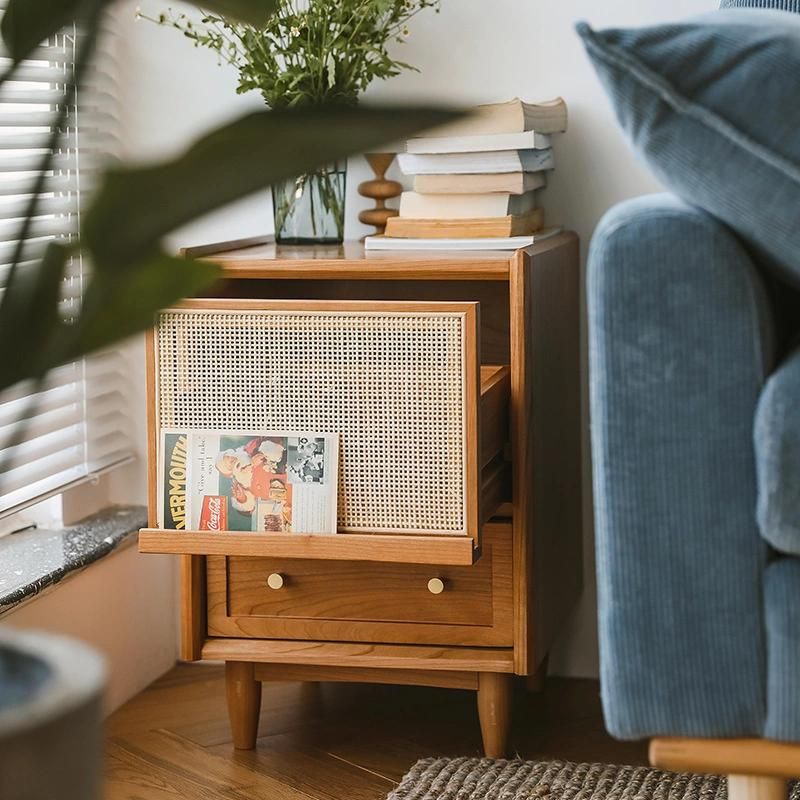 Nordic Modern Living Room Furniture Wooden and Rattan Combination Side Table