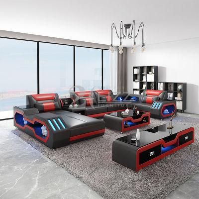 European Contemporary Modern Design Multi-Functional Geniue Leather LED Sofa with Coffee Table Home Decoration