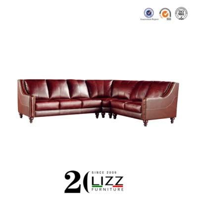 L Shape Antique Home Furniture Genuine Leather Sofa Set