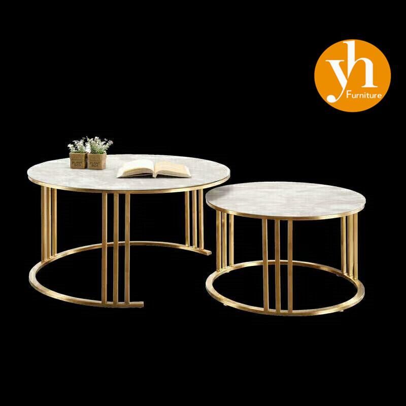 Modern Square Silver Coffee Table Set 1 Big 4 Small Metal Living Room Table / Console Table / Side Table Luxury Home Steel Base Gold Round Glass Coffee Table